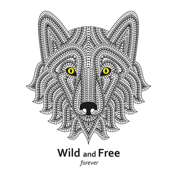 Creative stylized wolf head in ethnic boho style. Good for logo, ornamental tattoo, t-shirt design. Animal background. Highly detail abstract hand drawn style. Text wild and free. Vector illustration — ストックベクタ