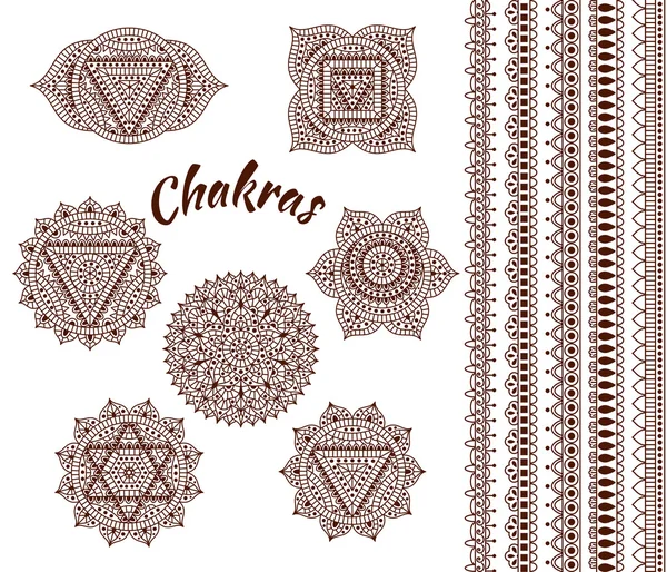 Ensemble de sept chakras. Ornements et bordures orientales pour tatouage au henné et pour votre design. Bouddhisme éléments décoratifs. Illustration vectorielle . — Image vectorielle