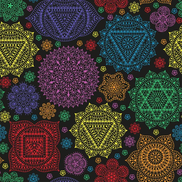 Patrón sin costuras con siete chakras y flores. Adornos orientales para tatuaje de henna y para su diseño. Elementos decorativos budistas. Ilustración vectorial . — Archivo Imágenes Vectoriales