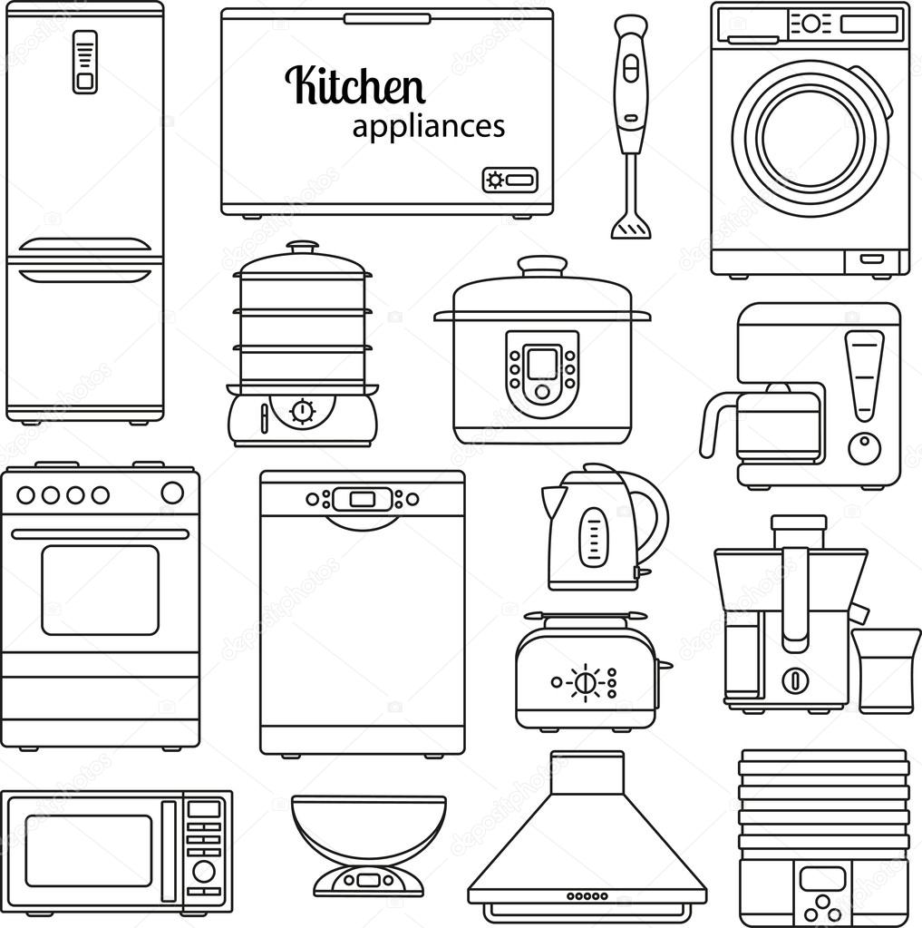 Set of line icons. Kitchen appliances. Oven and toaster, fridge and freezer, stove and dishwasher. Contour icons. Info graphic elements. Simple design. Vector illustration