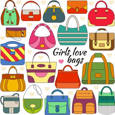 Set of line icon. Different women bags and place for your text. Colorful contour icons. Info graphic elements. Simple design. Vector illustration, eps 10.