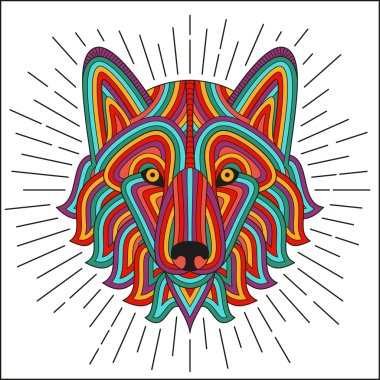 Creative stylized wolf head in ethnic linear style. Good for logo, tattoo, t-shirt design. Animal background. Highly detailed abstract hand drawn style. Vector illustration clipart