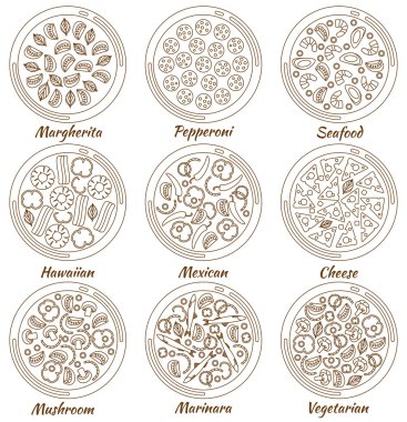 Çizgi tarzında dokuz yuvarlak sıcak lezzetli lezzetli pizza ayarlayın. Pizza Marhgerita, Pepperoni, Deniz Ürünleri, Hawaii, Meksika, Peynir, Mantar, Marinara, Vejetaryen Vektör illüstrasyon. Bilgi grafik öğeleri
