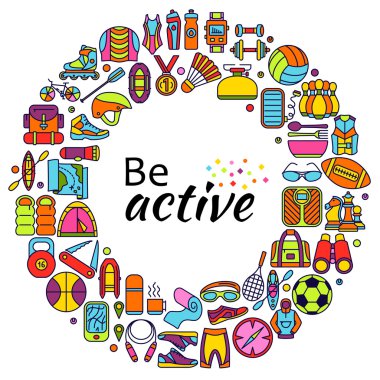 Wreath made of line icons. Sport, fitness and recreation equipment. Outdoor, tourism and hiking, Rafting and kayaking. Bright colors. Info graphic elements. Simple design. Vector illustration