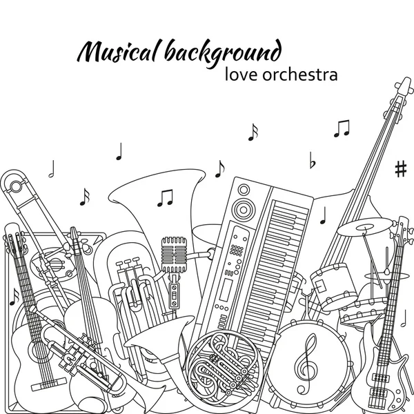 Musical background made of different musical instruments, treble clef and notes. Black and white colors. Set of line icons in music theme. Good for coloring books. Vector illustration. — Wektor stockowy