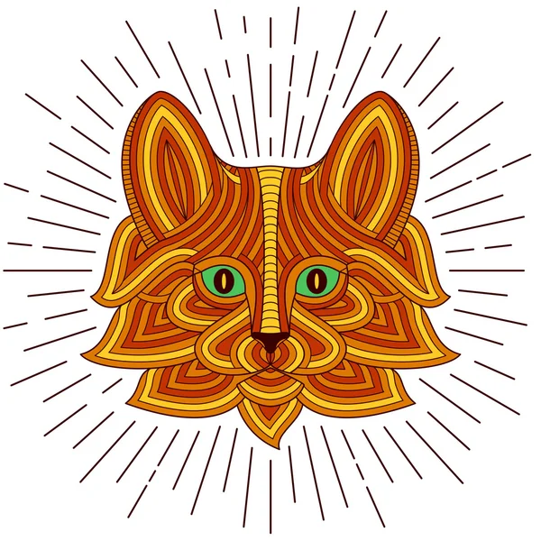 Creative stylized cat head in ethnic linear style. Good for logo, tattoo, t-shirt design. Animal background. Highly detailed abstract hand drawn style. Colored vector illustration — 스톡 벡터