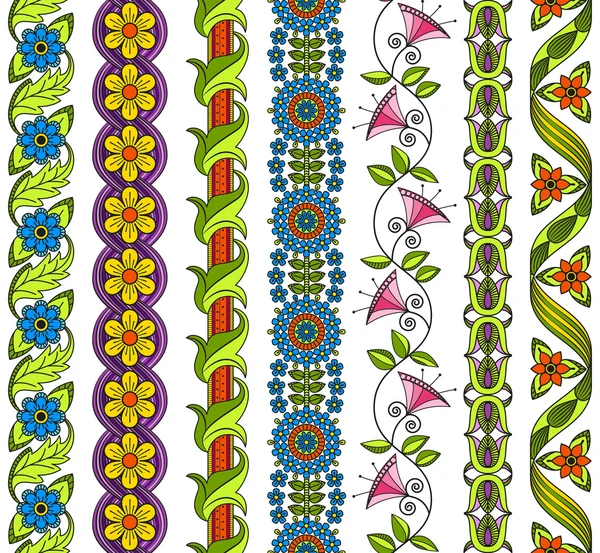 Vektorszett virág elemek etnikai dekoráció. Folytonos mintázat keretek, szegélyek és hátterek számára. Részletes dekoratív motívumok. Élénk színek. — Stock Vector