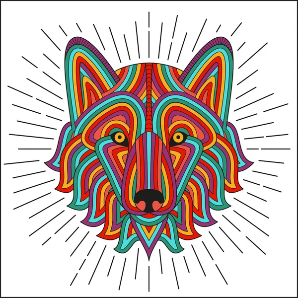 Creative stylized wolf head in ethnic linear style. Good for logo, tattoo, t-shirt design. Animal background. Highly detailed abstract hand drawn style. Vector illustration — Stock Vector