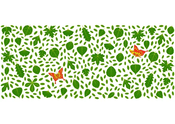 Våren bakgrund gjord av olika löv och fjärilar. Olika element för design. Cartoon vektor illustration. Gröna fräscha färger. — Stock vektor