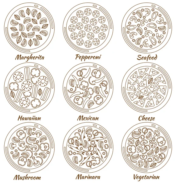 Набор из девяти раундов горячей вкусной вкусной пиццы в линейном стиле. Векторная иллюстрация пиццы Marhgerita, Pepperoni, Seafood, Hawaiian, Mexican, Cheese, Mushroom, Marinara, Vegetarian. Информационные графические элементы — стоковый вектор