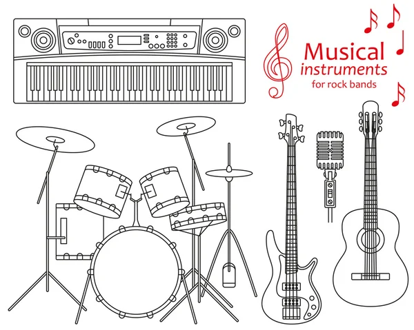 Set of line icons. Musical instruments for rock bands. Info graphic elements. Simple design. Good for coloring books. Vector illustration — 스톡 벡터