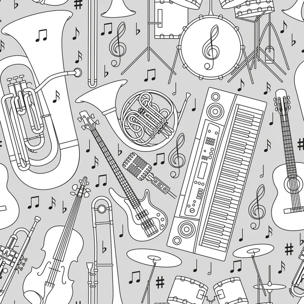 Padrão sem costura musical feito de diferentes instrumentos musicais, fenda agudo e notas. Cores preto e branco. Conjunto de ícones de linha no tema da música. Bom para colorir livros. Ilustração vetorial . — Vetor de Stock