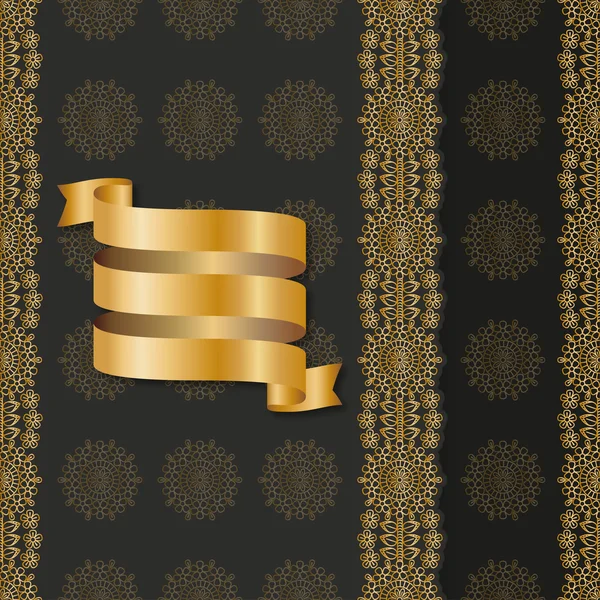 Seamless floral striped pattern. Cartoon golden ribbon. Good for banners, cards, backgrounds. Detailed decorative motif. Elements for ethnic decor. — Stockvector