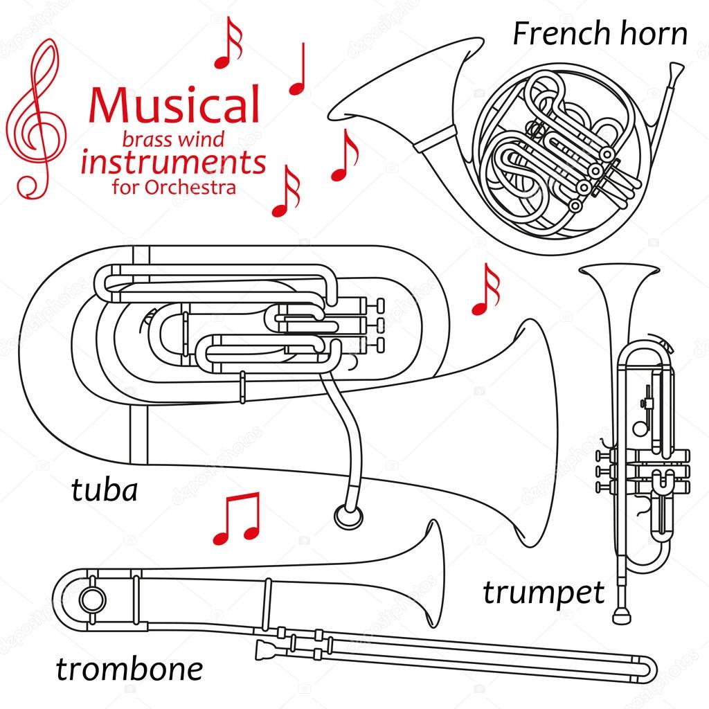 Set of line icons. Musical brass wind instruments for orchestra. Info graphic elements. Simple design. Good for coloring books. Vector illustration