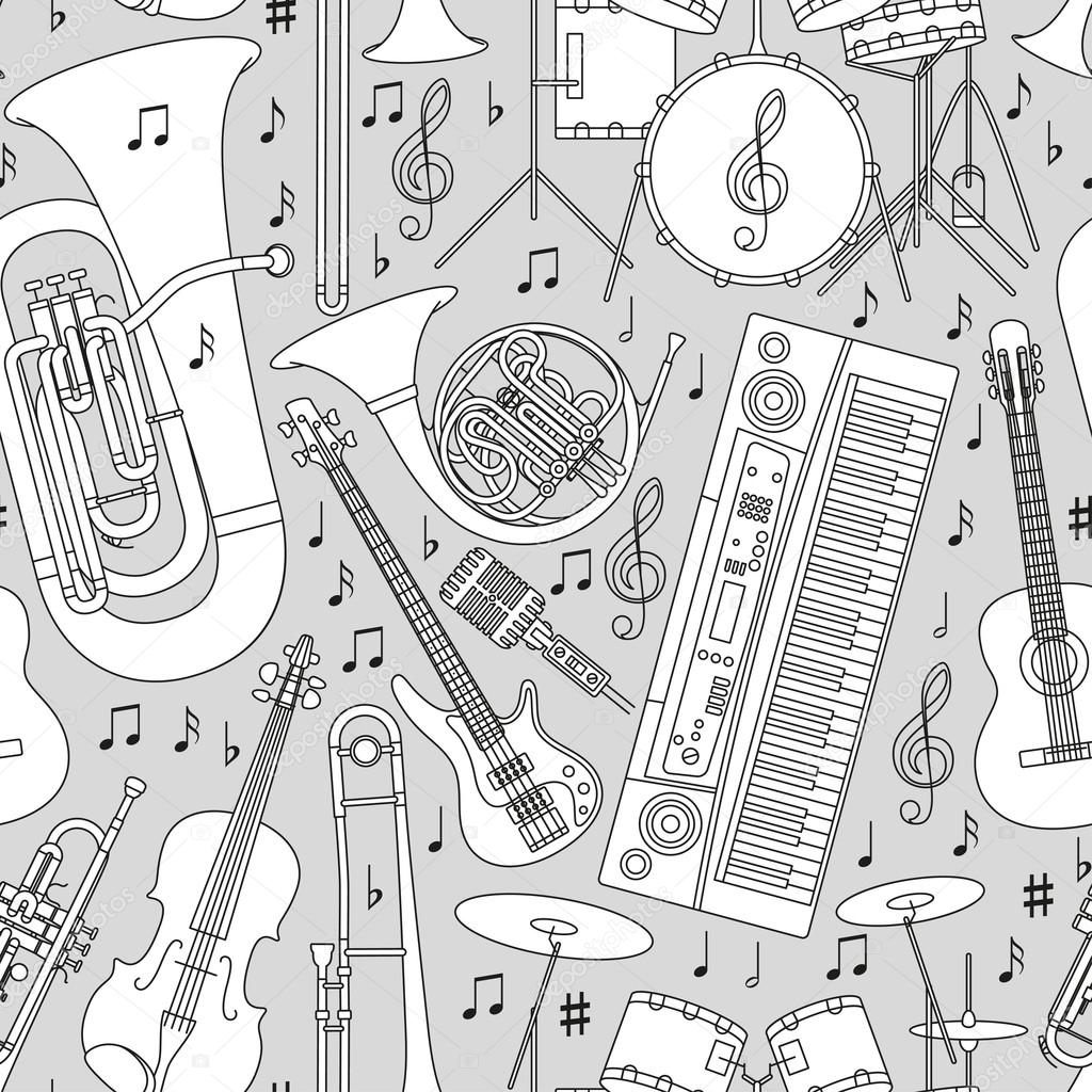 Musical seamless pattern made of different musical instruments, treble clef and notes. Black and white colors. Set of line icons in music theme. Good for coloring books. Vector illustration.