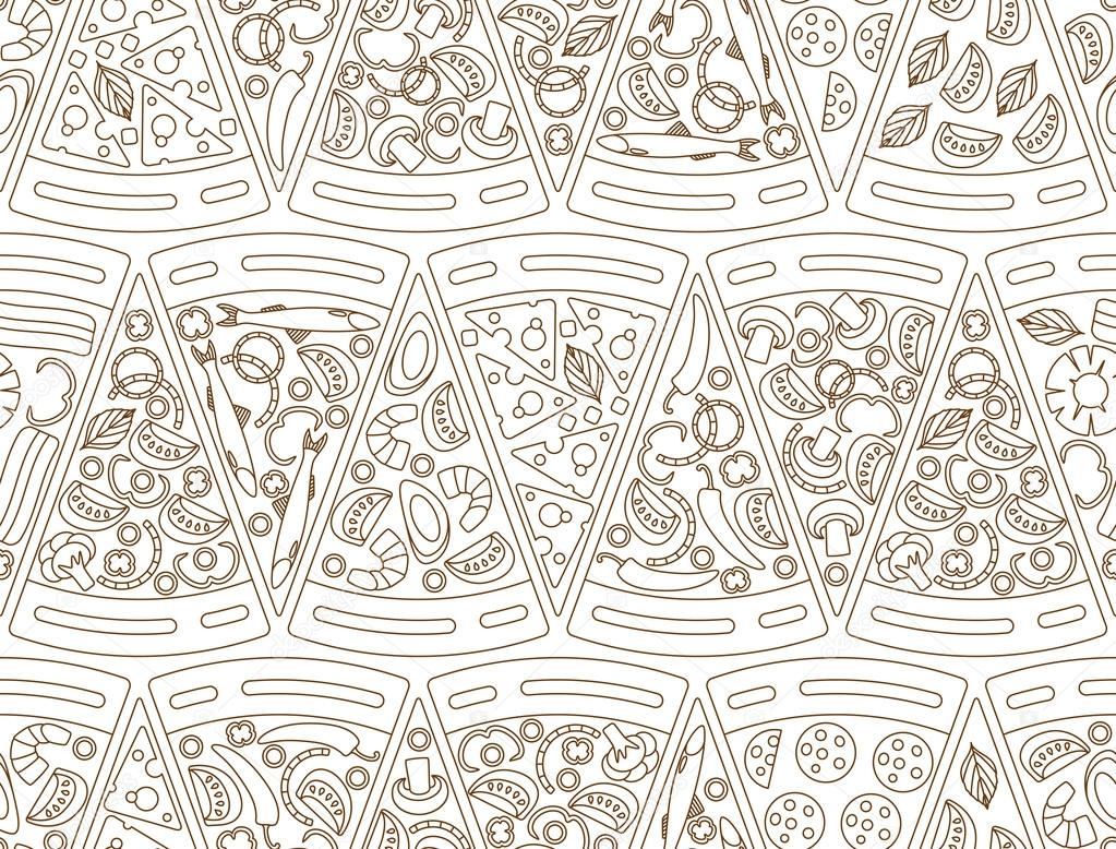 Seamless pattern made of pizza pieces in line style. Vector illustration of pizza Marhgerita, Pepperoni, Seafood, Hawaiian, Mexican, Cheese, Mushroom, Marinara, Vegetarian. Info graphic elements.