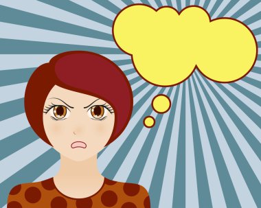 Angry woman face. Manga style. Comic girl with speech bubble for your text. Brown hair and brown eyes. Radiant blue background. Vector illustration.