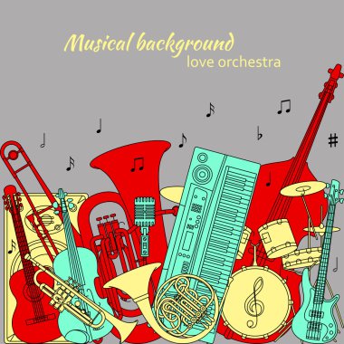 Müzikal arka plan farklı müzik aletleri, tiz clef ve notlar yapılmış. Kırmızı, sarı, turkuaz ve gri renkler. Müzik temasındaki satır simgeleri kümesi. Boyama kitapları için iyi. Vektör çizimi.