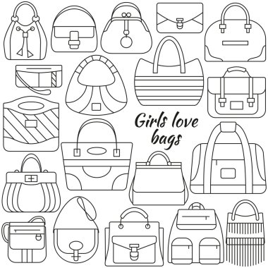 Set of line icon. Different women bags and place for your text. Contour icons. Info graphic elements. Simple design. Vector illustration, eps 10.