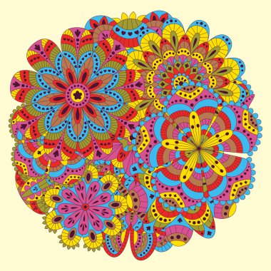 Çiçek arka plan birçok mandalas yapılmış. Yuvarlak şekil. Düğünler, davetiye kartları, doğum günleri vb. için iyi. Yaratıcı el çizilmiş unsurlar. Vektör çizimi.