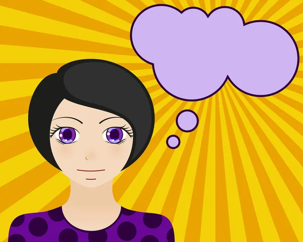 Neutral woman face. Manga style. Comic girl with speech bubble for your text. Brunette hair and violet eyes. Radiant orange background. Vector illustration. — Stockový vektor