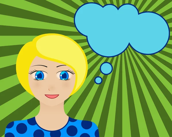 Smiling woman face. Manga style. Comic girl with speech bubble for your text. Blond hair and blue eyes. Radiant orange background. Vector illustration. — Stockový vektor