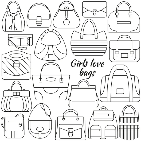 Set of line icon. Different women bags and place for your text. Contour icons. Info graphic elements. Simple design. Vector illustration, eps 10. — Διανυσματικό Αρχείο