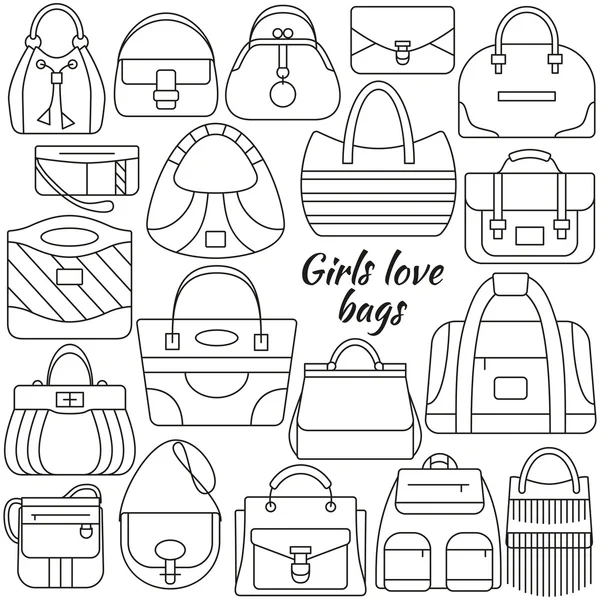 Conjunto de icono de línea. Diferentes bolsas de mujeres y lugar para su texto. Iconos de contorno. Elementos gráficos de información. Diseño simple. Ilustración vectorial, eps 10 . — Vector de stock