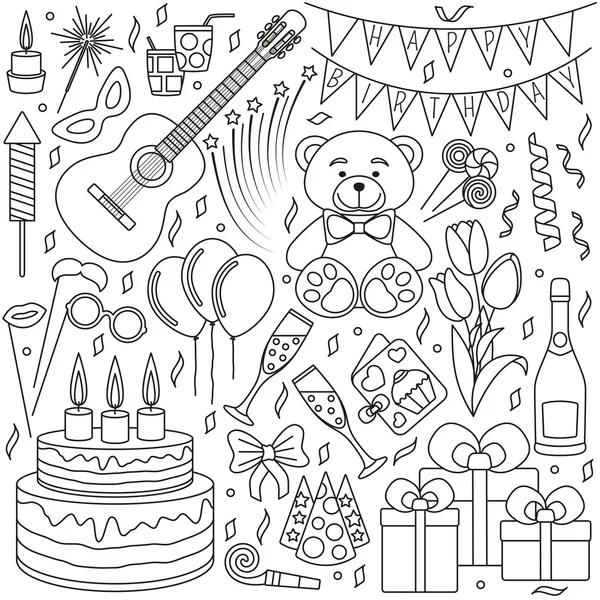 Satz schwarzer Linien-Symbole. Happy Birthday und Party-Veranstaltungen. gute Elemente für Banner, Einladungskarten, Jubiläen, etc. Lineares Design. Vektor Outline Illustration isoliert auf weiß. — Stockvektor