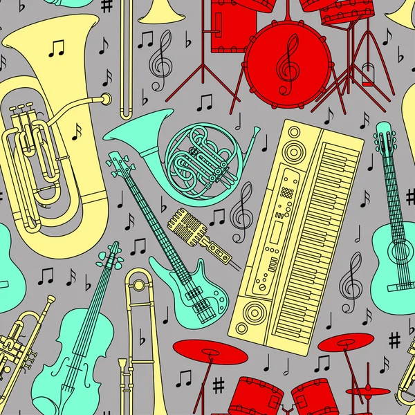 Modello musicale senza cuciture composto da diversi strumenti musicali, chiave di violino e note. Colori rosso, giallo, turchese e grigio. Set di icone di linea nel tema musicale. Illustrazione vettoriale . — Vettoriale Stock