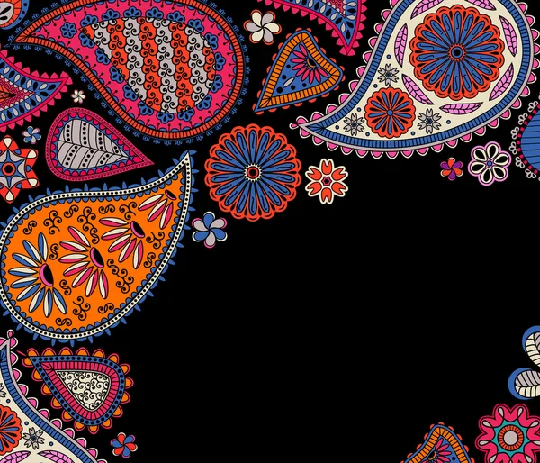 Floraler Paisley-Hintergrund mit indischem Ormament und Platz für Ihren Text. romantisches Design in leuchtenden Farben. Grußkarte. Vektorillustration. — Stockvektor