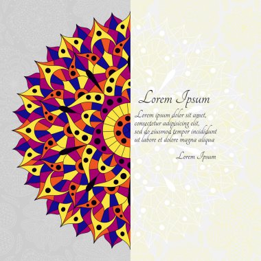 Desen çakra manipura ve metin yer ile. Oryantal süs için afiş, kartları ve veya tasarımınız için. Budizm dekoratif öğeler. Sarı, turuncu ve mavi renkler. Vektör çizim.