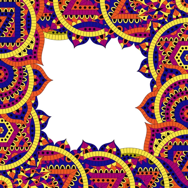 Modello con sette chakra e posto di testo. Ornamenti orientali per banner, cartoline e / o per il vostro design. Buddismo elementi decorativi. Colori giallo, arancio e blu. Illustrazione vettoriale . — Vettoriale Stock