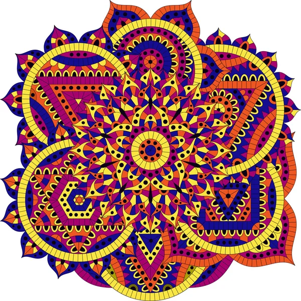 Modèle rond avec sept chakras. Ornements orientaux pour bannières, cartes et ou pour votre design. Bouddhisme éléments décoratifs. Couleurs jaune, orange et bleu. Illustration vectorielle . — Image vectorielle