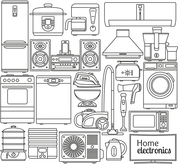 Σύνολο γραμμή εικονιδίων. Οικιακές συσκευές. Φούρνο και φρυγανιέρα, ψυγείο και καταψύκτη, ηλεκτρική κουζίνα και πλυντήριο πιάτων. Περιγράμματος εικονίδια. Πληροφορίες γραφικά στοιχεία. Απλό σχέδιο. Απομονωμένες σχετικά με το λευκό. Vector εικονογράφηση — Διανυσματικό Αρχείο