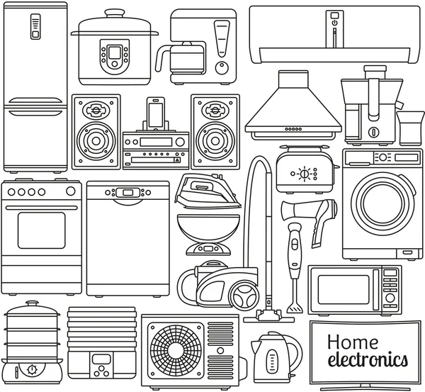 Conjunto de ícones de linha. Eletrodomésticos. Forno e torradeira, frigorífico e congelador, fogão e máquina de lavar louça. Ícones de contorno. Elementos gráficos Info. Design simples. Isolado no branco. Ilustração vetorial —  Vetores de Stock