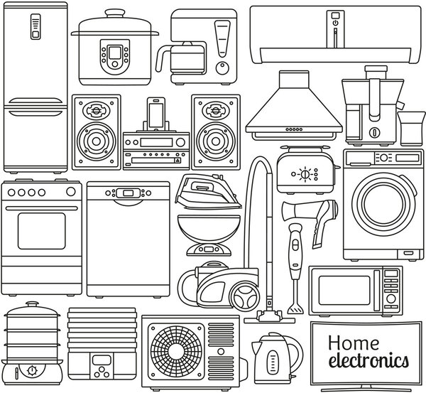 Set of line icons. Home appliances. Oven and toaster, fridge and freezer, stove and dishwasher. Contour icons. Info graphic elements. Simple design. Isolated on the white. Vector illustration