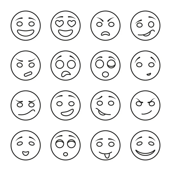 Conjunto de caras emocionales sobre un fondo blanco. Iconos de línea negra. Diseño lineal. Ilustración de contorno vectorial aislada en blanco . — Vector de stock