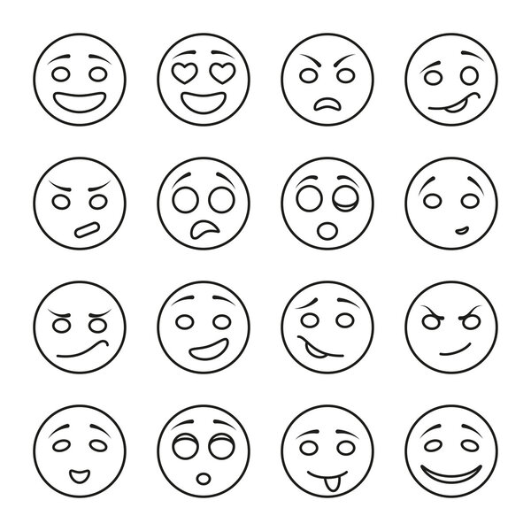 Набор эмоциональных лиц на белом фоне. Черные иконки. Линейный дизайн. Векторный контур иллюстрации изолирован на белом
.