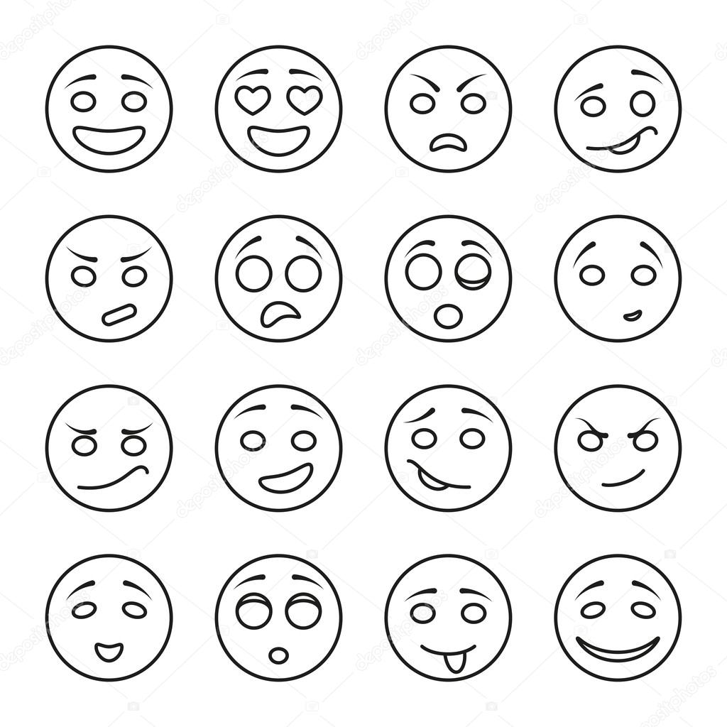 Set of emotional faces on a white background. Black line icons. Linear design. Vector outline illustration isolated on white.