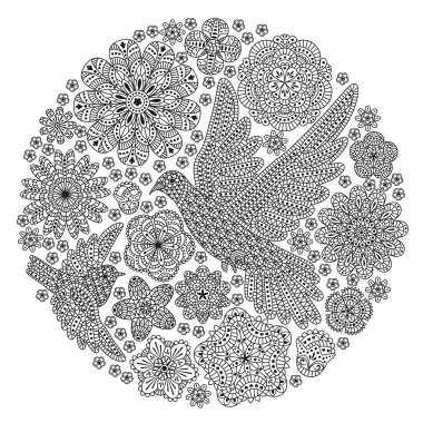Çiçekler ve kuşlar ile romantik yuvarlak arka plan. Dekoratif güvercin ve serçe. Romantik çiçek deseni. T-shirt tasarımı, çanta, davetiye kartı, vb için iyi Siyah beyaz renkler. Vektör çizimi