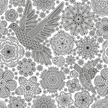 Yaratıcı kuşlar ve çiçekler ile dikişsiz desen. Dekoratif güvercin ve serçe. Sarma, boyama kitapları, kartlar, vb için iyi Siyah beyaz renkler. Vektör çizimi.