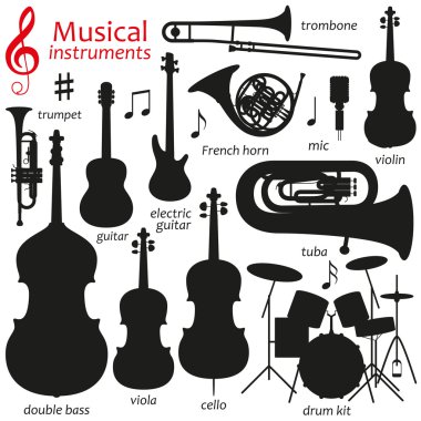 Music icon set.  Vector silhouette illustration clipart
