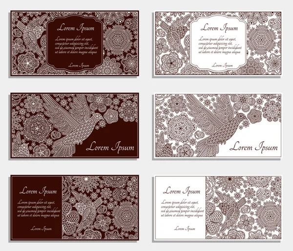 Invitation cards with creative decorative birds and flowers. Brown and white colors. Vector illustration. — Stock Vector