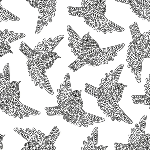 Seamless pattern with creative birds. Decorative sparrows. Good for wrapping, coloring books, cards, etc. Black and white colors. Vector illustration. — Wektor stockowy