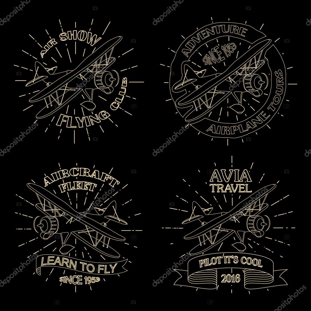 Vintage airplane emblems. Biplane beige labels on black background. Retro Plane badges, plane design elements. Aviation stamps collection Aerial logo and logotype, pilot academy symbols, Vector illustrations.