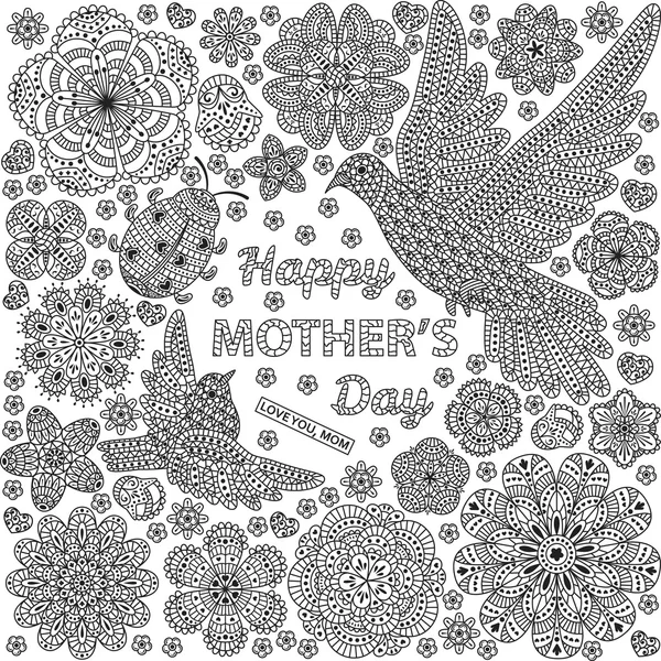 Romantic background with flowers, birds and ladybug. Card design for Happy Mothers Day. Vector illustration. — Stock Vector