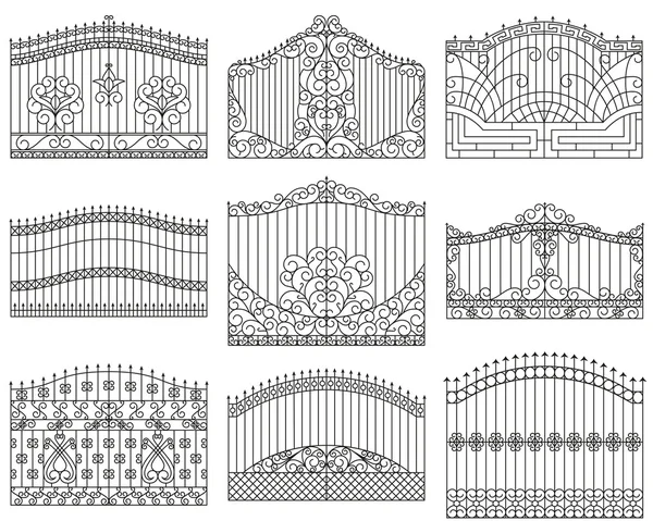 Sada kovaných bran. Ozdobné kovové brány s víry, šipky a ornamenty. Lineární konstrukce. Osnovy vektorové ilustrace izolované na bílém. — Stockový vektor