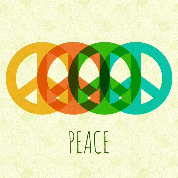 Friedenssymbole auf abstraktem Hintergrund mit Blättern. Vektorillustration — Stockvektor