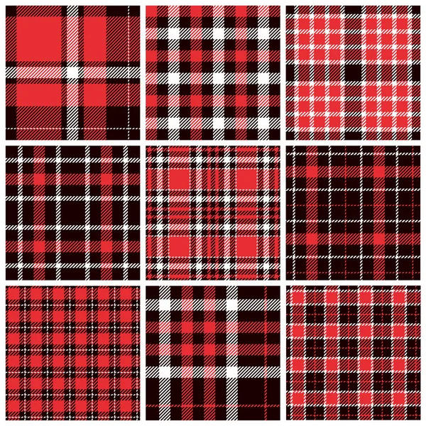 Set of plaid seamless patterns. Red, black and white colors. Vector illustration — Stock Vector